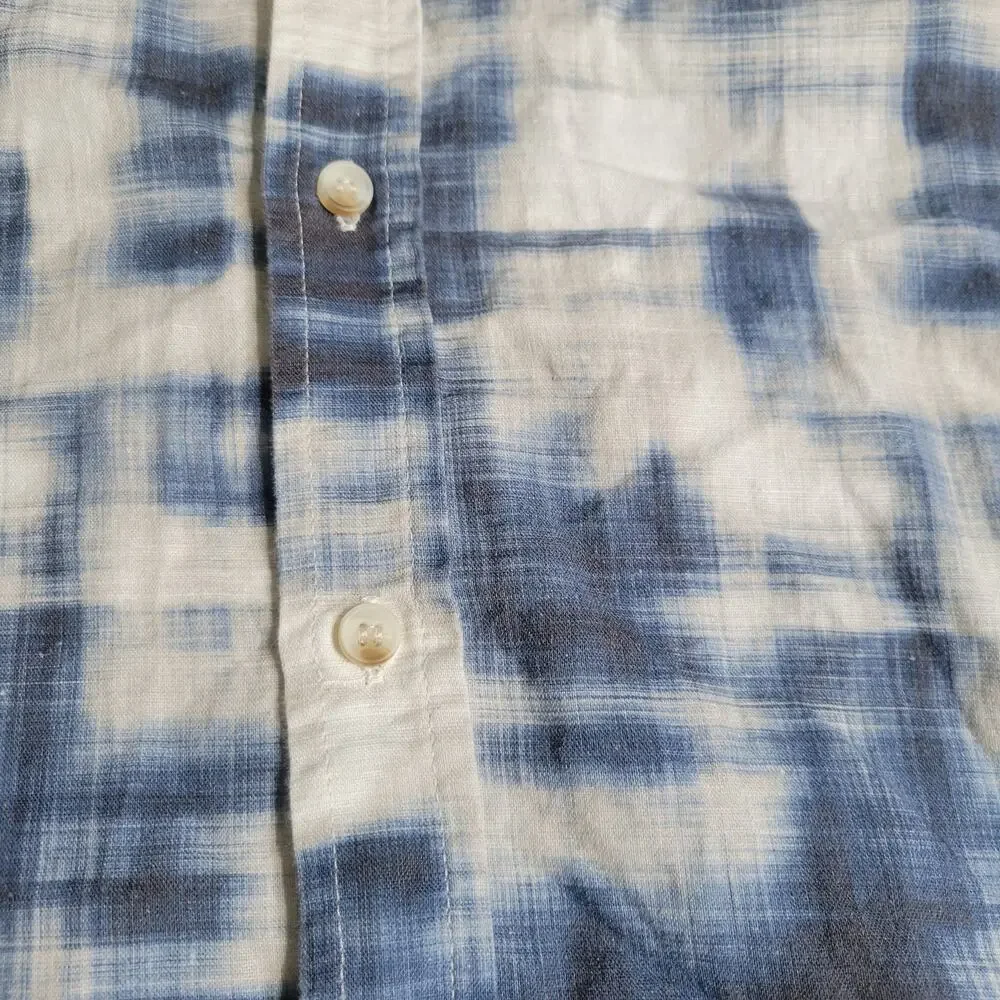 Banana Republic Mens L Button Up Shirt Short Sleeve White Blue Linen Cotton Slim
